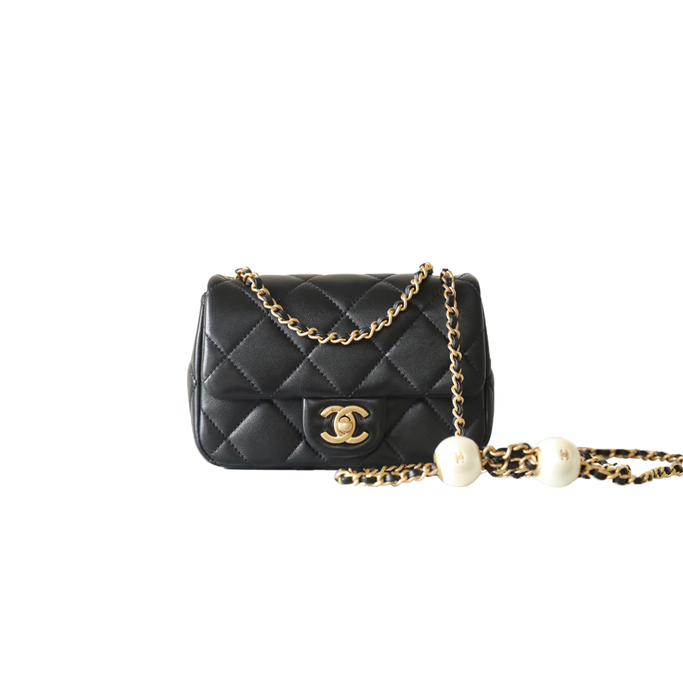 CHANEL MASTER 24S MINI FLAP BAG BLACK LAMBSKIN PEARL BALL AS4861 (17*11.5*5cm)